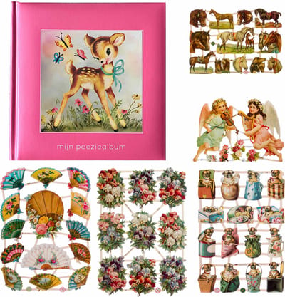 Poëziealbum - 16x16 - Roze - Hertje met vlinders - met 5 vellen Poëzieplaatjes - Versjes - Gedicht - Cadeau - Sint - Geschenk - Knutselen - Hobby - Creatief - Scrapbook - Poezie