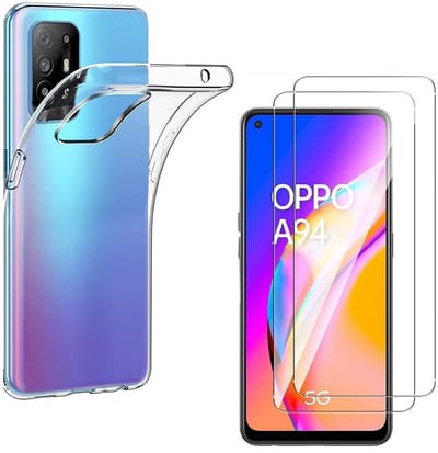 Hoesje Ultraslank geschikt voor Oppo a94 5G backcover siliconen Transparant en 2 stuks ScreenProtector Gehard Glas