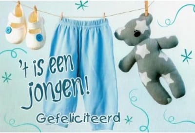 'T is een jongen! Van harte gefeliciteerd! Een leuke kaart met een knuffelbeer, schoentjes en een broek aan de waslijn. Een leuke kaart om zo te geven of om bij een cadeau te voegen. Een dubbele wenskaart inclusief envelop en in folie verpakt.