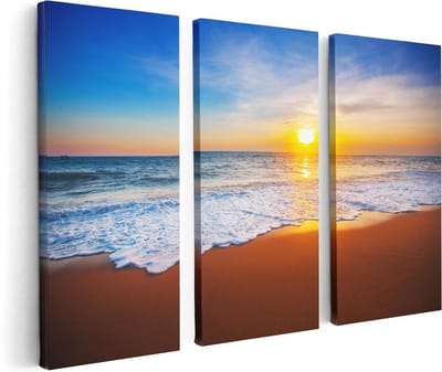 Artaza Canvas Schilderij Drieluik Strand En Zee Tijdens Zonsondergang - 120x80 - Foto Op Canvas - Canvas Print
