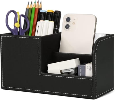 Famanu - Bureau-organizer, pennenhouder, ruimtebesparend, 3 vakken voor pennen, nietjes, mappen, zelfklevende notities, telefoons (zwart B)