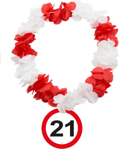 Verjaardag bloemenkrans - 21 Jaar - verkeersbord - rood / wit - feest bloemenslinger