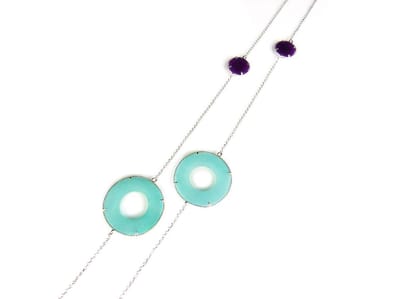 Zilveren halsketting halssnoer collier Model Modern Mix gezet met blauwe en paarse stenen