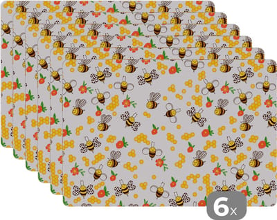 Placemat - Placemats kunststof - Honing - Bij - Bloemen - Patronen - Lente - 45x30 cm - 6 stuks - Hittebestendig - Anti-Slip - Onderlegger - Afneembaar