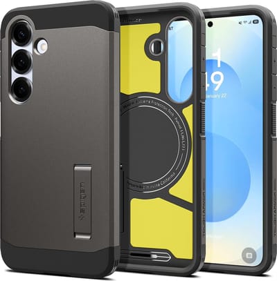 Spigen Tough Armor Hoesje Geschikt voor Samsung Galaxy S25 | Compatibel met MagSafe / Qi2 | Back Cover Militaire Standaard | Kickstand | Gunmetal