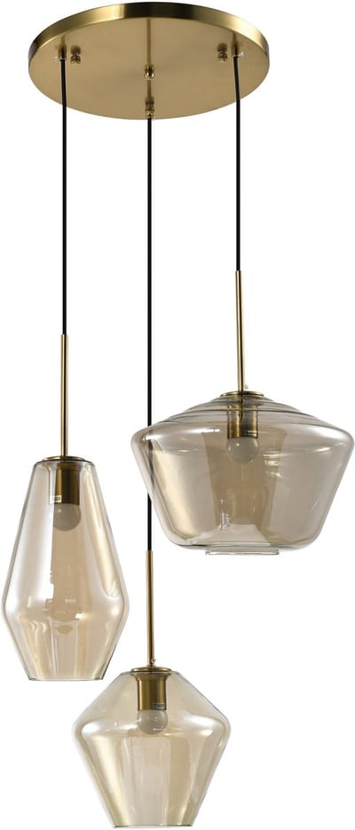 QUVIO Hanglamp verschillende kappen - Hanglamp - Hanglampen - Hanglamp eettafel - Hanglamp woonkamer - Eettafel hanglamp - Hanglampen goud - 3 lichts - Metaal - Glas - Bruin