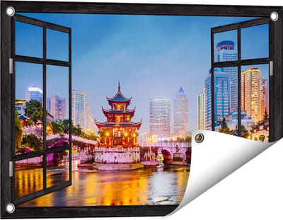 Gards Tuinposter Doorkijk Rivier bij Stad Guiyang in China - 60x40 cm - Tuindoek - Tuindecoratie - Wanddecoratie buiten - Tuinschilderij