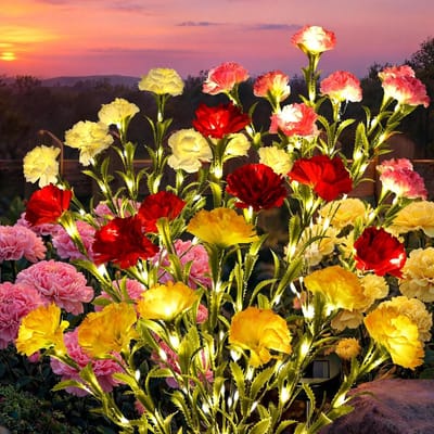 LISM-Een set van 4 buitenlampen op zonne-energie, met kunstmatige anjers Geschikt voor tuindecoratie, waterdicht Geschikt voor opritten, tuinen en terrassen, een tuincadeau Geschikt voor vrouwen (meerdere kleuren).