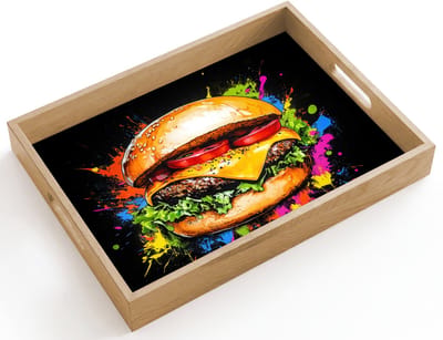 Dienblad hout 40x30 cm - Schootdienblad - Hamburger - Graffiti - Verf - Kleurrijk - Eten - Abstract - Borrelplank rechthoek - Plateau dienbladen