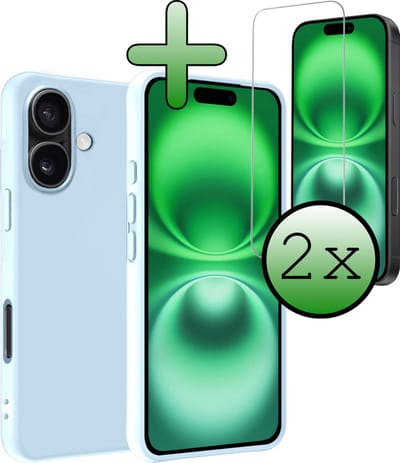 Hoesje Met 2x Screenprotector - Geschikt voor Apple iPhone 16 - Sterk & Shockproof - Back Cover - Siliconen Case - Telefoon Hoes - Lichtblauw