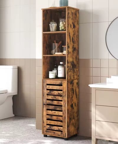 Opbergkast - Badkamerkast - Hoge Kast - 3 Open Compartimenten - Draaideur - Verstelbare Planken - Industrieel - Bruin - Bewerkt Hout - 40 x 30 x 167 cm