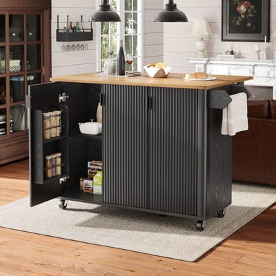 Keukeneiland, serveerwagen met houtnerf, buffet, 130x45(75)x92cm, uitschuifbare keukenwagen op wielen met handdoekhouder, kruidenrek, verstelbare scheidingswanden, 3 deuren, wit/zwart