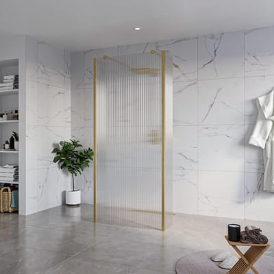 FugaFlow Eccelente Vetro Vrijstaande inloopdouche badkamer - 90x200cm - Helder geribbeld - antikalk - 8mm veiligheidsglas - 2 zijwanden 30cm - met wandarmen en hoekprofielen - Messing geborsteld (goud) -