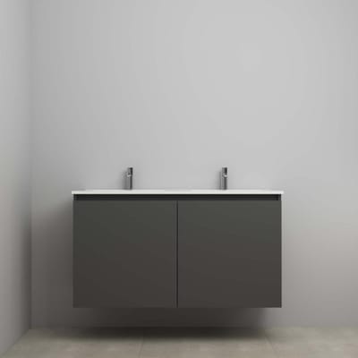 On-Line Onderkast - 120 cm - Bouwpakket - Greeploos 2 Deuren - Porseleinen Wastafel - 2 Kraangaten - Mat Zwart