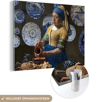 MuchoWow® Glasschilderij 160x120 cm - Schilderij acrylglas - Melkmeisje - Meisje met de parel - Vermeer - Foto op glas - Schilderijen