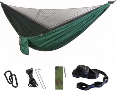 Hangmat met klamboe - Reishangmat schommelstoel - Buiten ontspannen - Supersterk parachute nylon - Dubbel formaat - Donkergroen