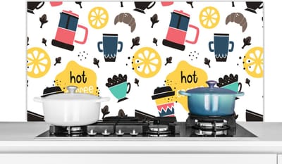Spatscherm keuken 120x60 cm - Kookplaat achterwand Patronen - Koffie - Ontbijt - Croissant - Muurbeschermer - Spatwand fornuis - Hoogwaardig aluminium