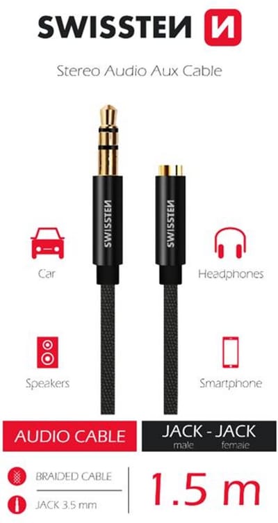 Swissten textiel audiokabel 3,5 mm jack (mannelijk) naar 3,5 mm jack (vrouwelijk) – 1,5 meter – zwart