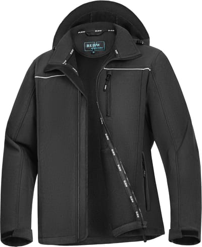 BUBW Heren Outdoorjas - Softshell Jas 4 Seizoenen - Winddicht - Waterafstotend - Outdoor Herenjas - Rits Zakken - Warme Fleece Gevoerd - Met Capuchon - Maat M - Zwart
