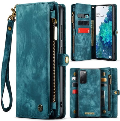 Geschikt Voor Samsung Galaxy S20 FE Hoesje - Solidenz Wallet Case S20 FE - Telefoonhoesje S20 FE - S20 FE Case Met Pasjeshouder - Met Ritsvak - Met Polskoord - Portemonee Hoes - Blauw