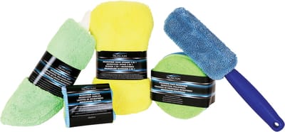Protecton Microvezelset - 9-delig - Voor het reinigen van de auto, camper of caravan - 3 microvezeldoeken - 3 polijstpads - Spons 2 in 1 - Washandschoen - Velgenborstel