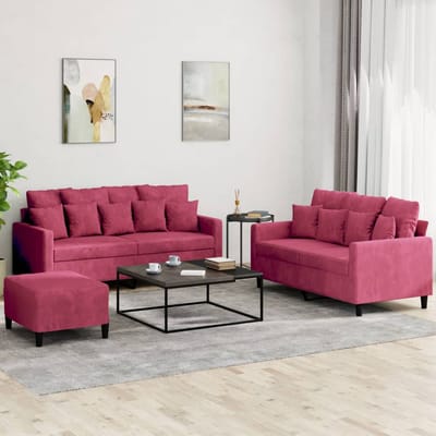 vidaXL - 3-delige - Loungeset - met - kussens - fluweel - wijnrood