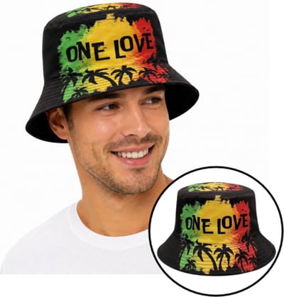 Pradeo - Bucket Hat - Vissershoedje - Buckethat - One Love - Bob Marley - Reggae - Carnaval - Feest - Festival - Vrijgezellenfeest - Outfit - Zwart - Rood/Geel/Groen - One Size Fits All