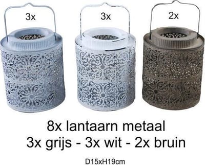 Lantaarn / windlicht voor buitenmetaal rond - windlicht metaal rond met windglas - 8 stuks assortiment van 3 kleuren - tuinlantaarn - horeca / terras / tafel lantaarns dia15xH19cm - 3x wit 3x grijs 2x bruin - horeca accessoires