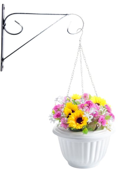 Hangpot + Muurhaak Cuneo - wit - D20 cm - kunststof - metaal - tuinaccessoires