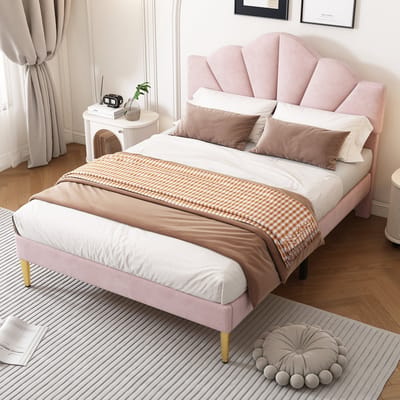 DESMIU Gestoffeerd Bed 140x190cm - Schelpvormig Hoofdbord Met Verstelbare Hoogte - Bedframe Met Opbergruimte Onder Het Bed - Voor Slaapkamer - Zonder Matras - Fluweel - Roze