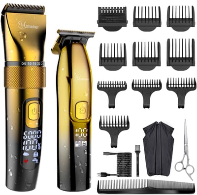 Hatteker Professionele Tondeuse Set – Haartrimmer & Baardtrimmer voor Heren – T-Blade Precisietrimmer – IPX7 Waterdicht – Inclusief Schaar en Knipcape – Goud