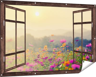 Gards Tuinposter Doorkijk Bloemenveld met Kosmos - Zonsondergang - 150x100 cm - Tuindoek - Tuindecoratie - Wanddecoratie buiten - Tuinschilderij