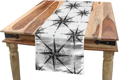 ABAKUHAUS Compass Table Runner, Monochrome Windroos, Eetkamerkeuken Rechthoekige decoratieve Tafelloper, 40 x 180 cm, Witzwart