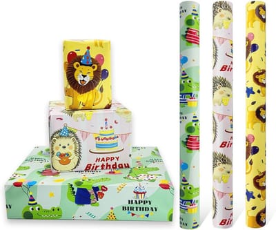 Verjaardagscadeau Papier - 3 Rollen Dierenprint - 43cm x 3m - Duurzaam Inpakpapier voor Kinderen
