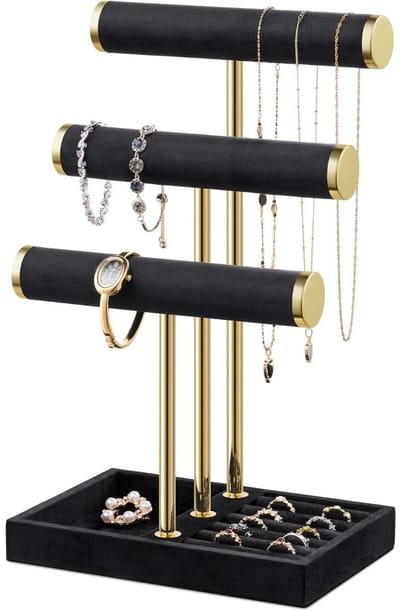 GELLDG Sieradenrek - Opbergrek voor sieraden - Sieradenorganizer - Drielaags sieradenorganizer - Zwart armbandenrek - Afneembare T-stang - Fluweel armbandenrek - Geschikt voor het opbergen van armbanden, kettingen, ringen en andere sieraden.
