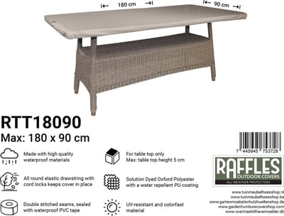 Raffles Covers Beschermhoes tuintafelblad - 180 x 90 H: 5 cm - RTT18090 - Waterdicht - UV-bestendig - Elastische zoom - Beschermhoes tuinmeubelen - Tuintafelbladhoes