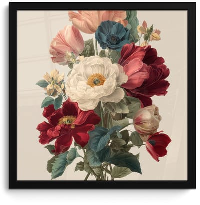 Poster in lijst - Fotolijst 40x40 cm - Posters - Boeket - Warme tinten - Elegant - Posterlijst zwart - Decoratie - Wanddecoratie woonkamer - Muurdecoratie slaapkamer