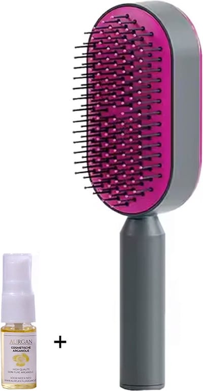 Aurgan 3D Haarborstel - Zelfreinigend met Eén Knop - Roze - zachte kussen - Comfortabele haarborstel - antiklit - inclusief 10ml Aurgan haarolie