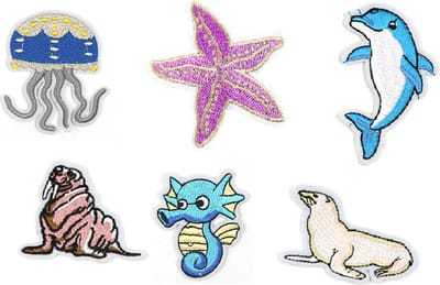 Zeedieren Strijk Embleem - Set van 6 - Stofapplicatie - Walrus - Zeehond - Dolfijn - Zeester - Patchwork - Zeepaardje - Kwal - Stof en Strijk applicatie - Strijkembleem - Patch - 6 Stuks - Zeedieren - Versiering voor kleding - Leuk Cadeau