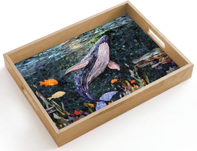 Dienblad hout 40x30 cm - Schootdienblad - Mozaïek - Walvis - Koraal - Water - Borrelplank rechthoek - Plateau dienbladen
