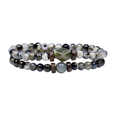 Marama - armbanden set Venice Grey - herenarmband - edelsteen Labradoriet en Maansteen - set van 2 - elastisch