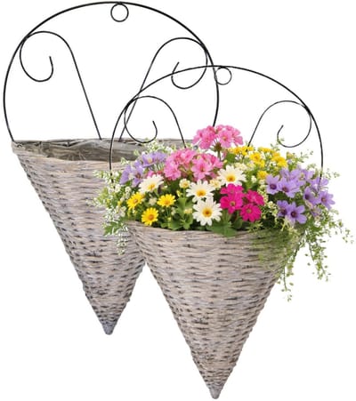 Mega Collections Plantenmand muurhanger Assen - 2x - grijs - H60 cm - wilg - bloempot/plantenpot