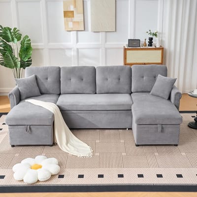 Luxueuze U-vormige 4-zits Slaapbank met Opbergruimte | Groot Comfortabele Hoekbank met Fluwelen Bekleding en Diepe Zitting | Multifunctioneel voor Woonkamer & Logeerkamer | Grijs House&Garden