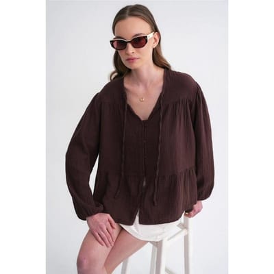 Lange Mouwen Losse Blouse met Strikhals