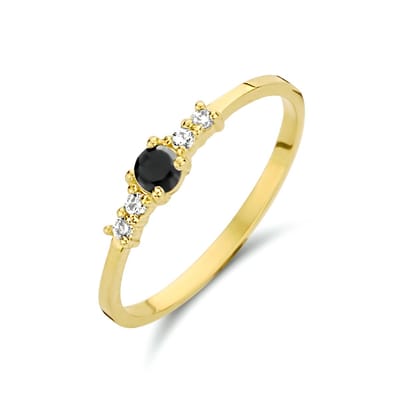Schitterende 14K Geelgouden Ring met Zirkonia Zwart en Wit 16.50 mm. (maat 52)