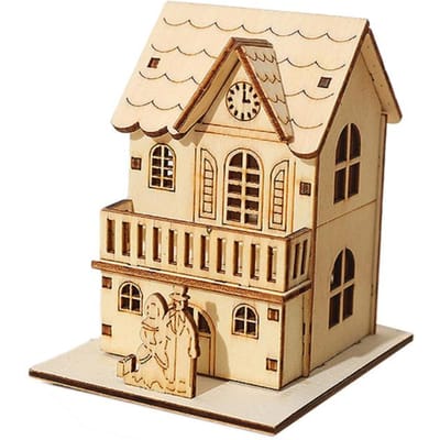 Ornement Cabane en Rondins Lumineuse Maison en Bois Brillante à LED Bricolage Miniature Artisanale Décoration de Table Cadeaux de Noël Ornements de Fenêtre beige