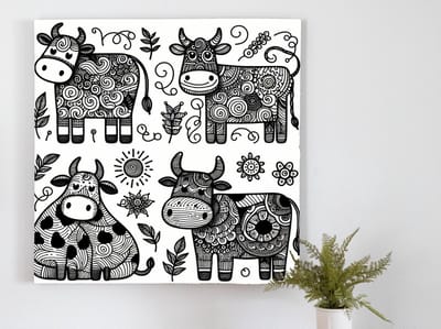 Doodle koeien schilderij | Koeiengedoe: een levendige verbeelding van koeien in dwaasheid | Kunst - 60x60 centimeter op Forex | Foto op Forex
