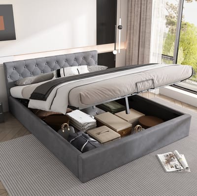 MEUNIQ tweepersoons opbergbed 140x200 cm met hydraulische opbergruimte, geknoopt hoofdbord en lattenbodem, grijs fluwelen bedframe voor slaapkamer