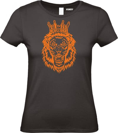 Dames t-shirt Leeuw Met Kroon Oranje | Koningsdag kleding | Oranje Shirt | Zwart Dames | maat XS