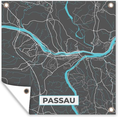 Tuin poster Kaart – Plattegrond – Stadskaart – Passau – Duitsland – Blauw - 200x200 cm - Tuindoek